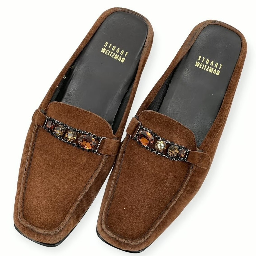 Stuart Weitzman Brown Suede‎ Jewel Embellished Square Toe Mules Slides 7M